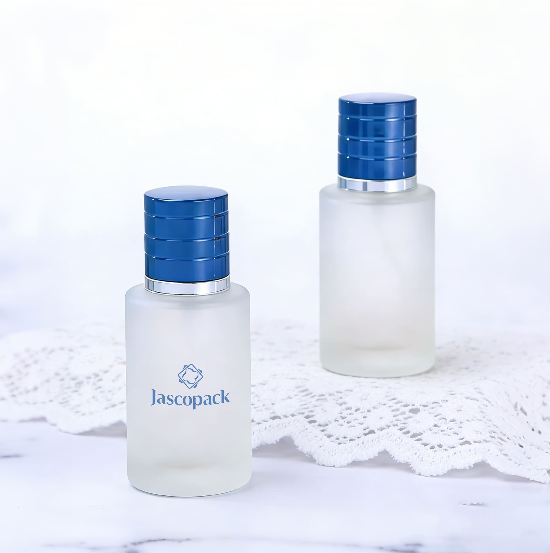 White and blue perfume bottle