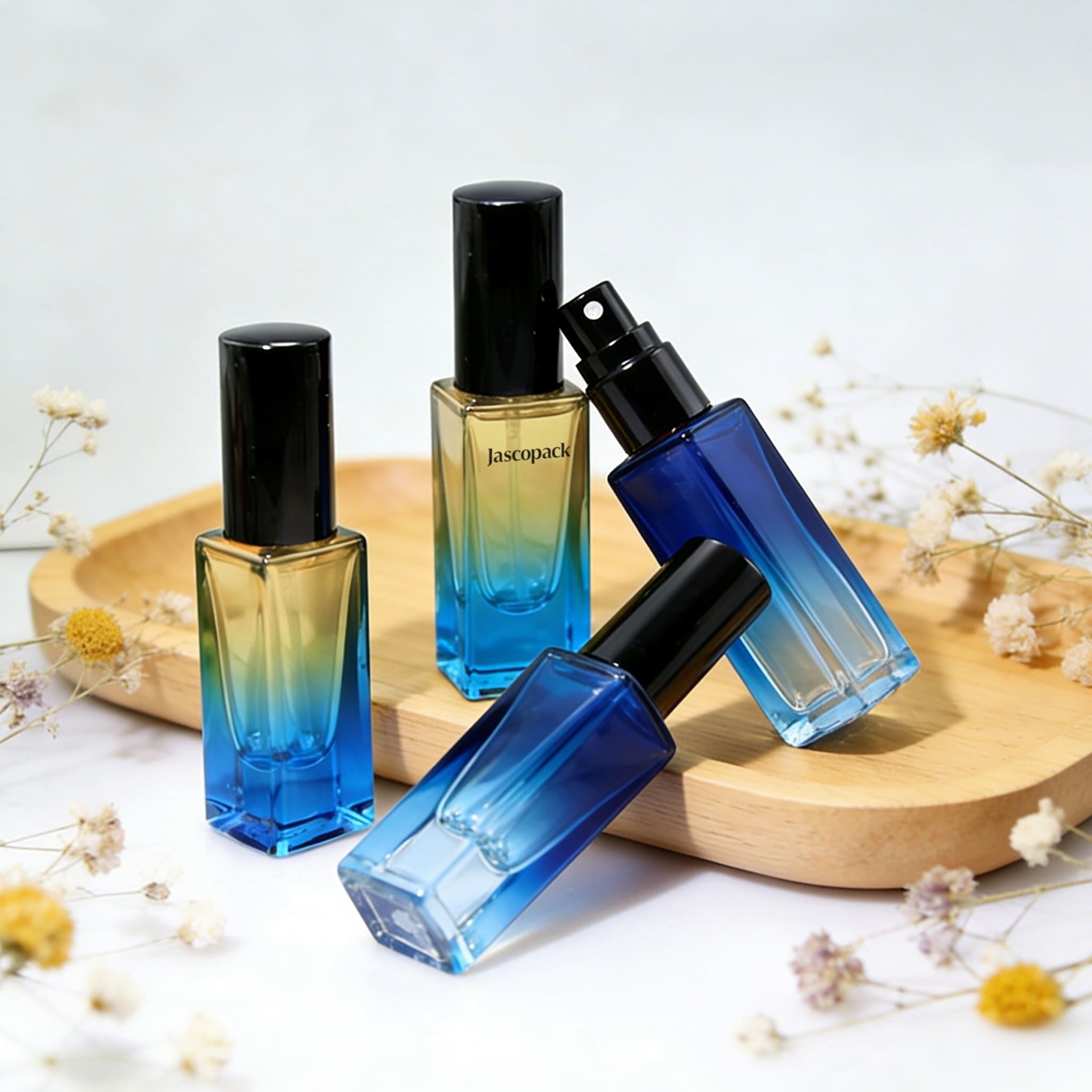 Yellow and blue perfume bottle